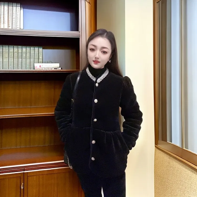 新款珍珠领洋气黑色小香风休闲套装家居服外穿套装三层加厚女女款