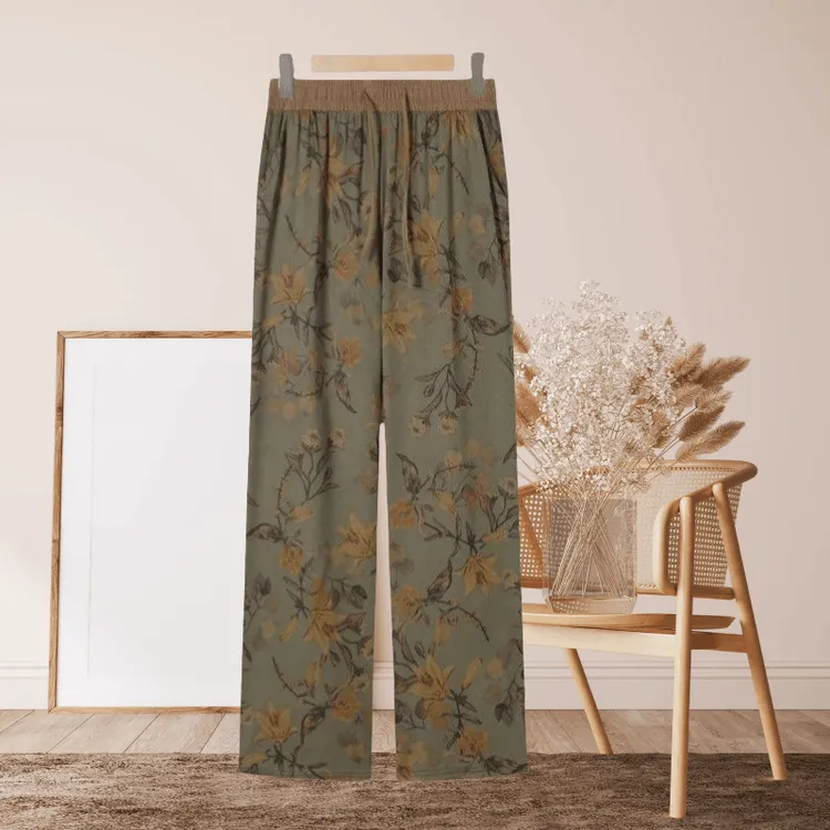 新款薄款印花设计高级感直筒裤女夏装百搭显瘦松紧垂感高腰阔腿裤