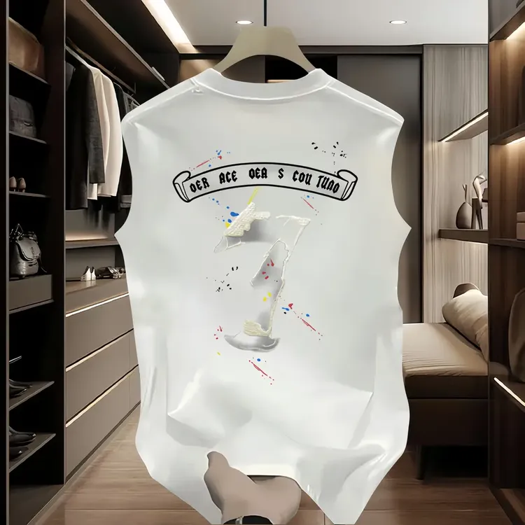 美式潮牌背心ins宽松男士坎肩无袖创意印花圆领上衣时尚简约外穿