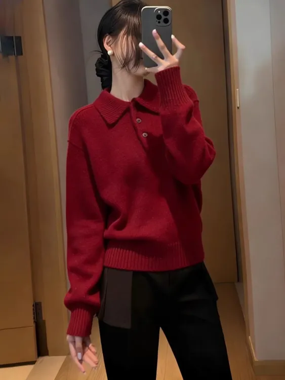 慵懒风氛围感翻领套头毛衣女秋冬新款软糯内搭新年圣诞打底针织衫