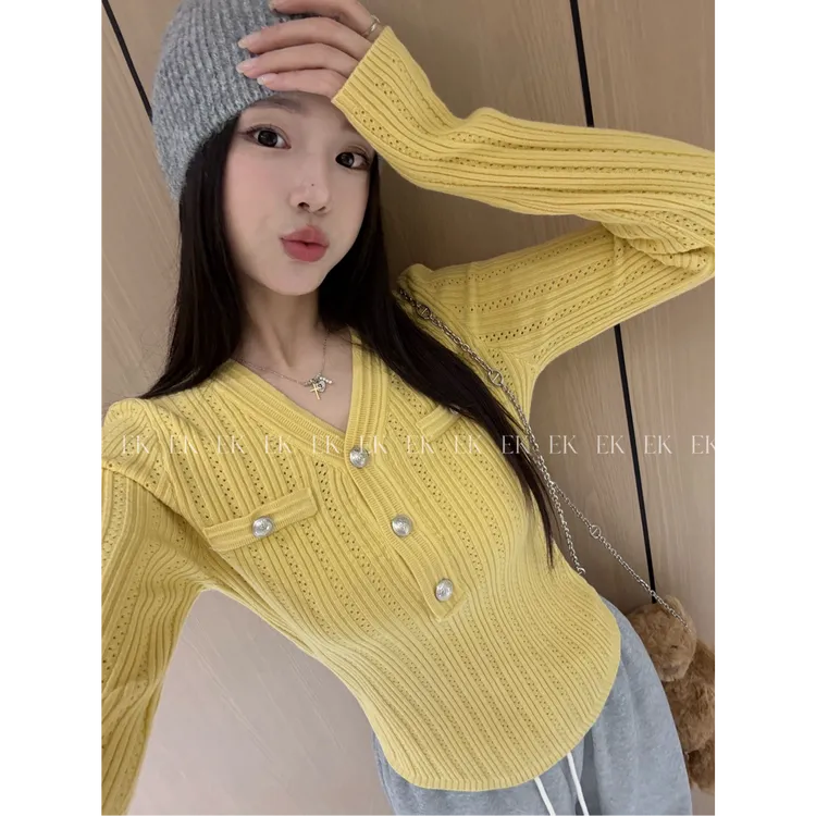 法式小香风针织衫女2025新款V领修身显瘦上衣高级感气质打底衫365