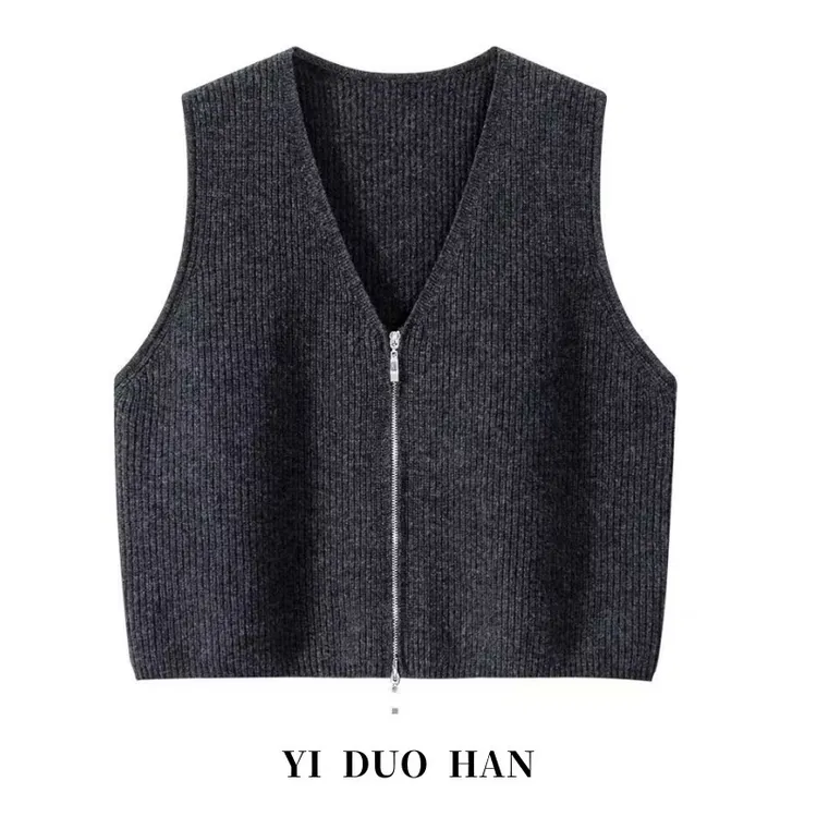 品牌折扣短款拉链马甲针织开衫背心女2025新款春外穿V领毛衣坎肩