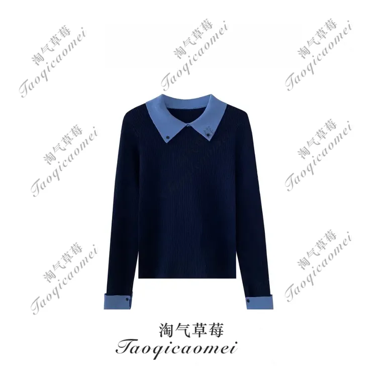 Taoqicaomei · 韩系秋冬翻领立领百搭针织毛衣长袖款拼接法式