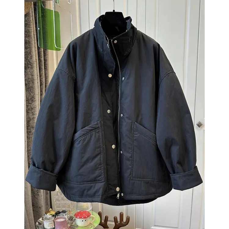 通勤风立领拉链纽扣中长款棉服女棉衣外套大口袋拼接保暖秋冬新款