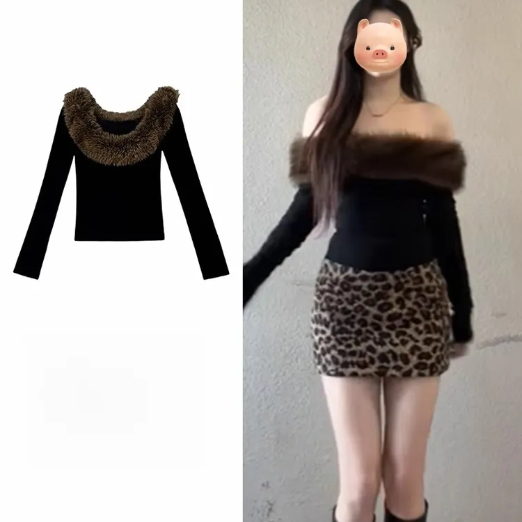 辣妹性感一字肩毛领拼接针织衫女秋冬季修身高级感露肩打底衫上衣