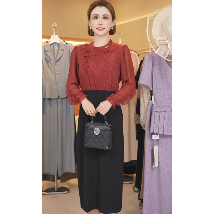 2992#春季新款时尚拼接收腰显瘦假两件红色碎花荷叶边黑色连衣裙