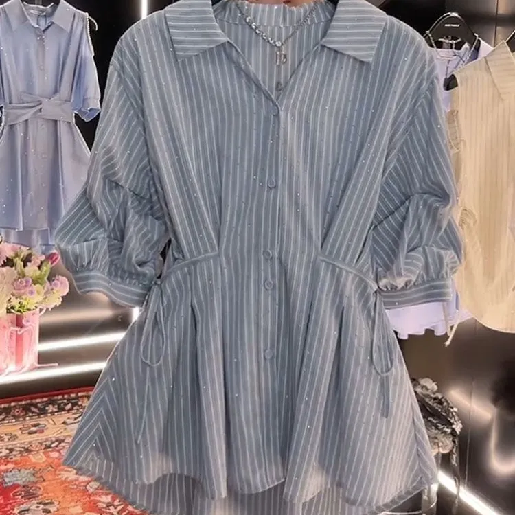 韩系潮流时尚烫钻条纹衬衫女2025爆款超仙名媛休闲百搭衬衣潮