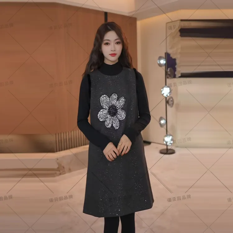 nuobeiyin/诺贝因冬季亮片直筒背心裙打底衫洋气套装裙NTS683290