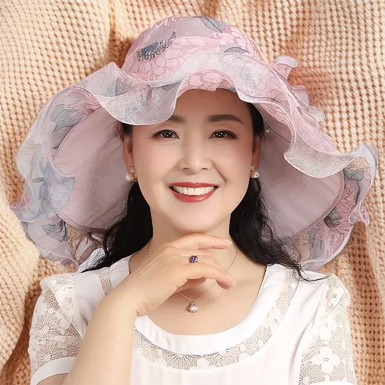 帽子女夏季大沿花朵优雅防晒遮阳帽欧根纱圆顶出游沙滩帽遮脸户外