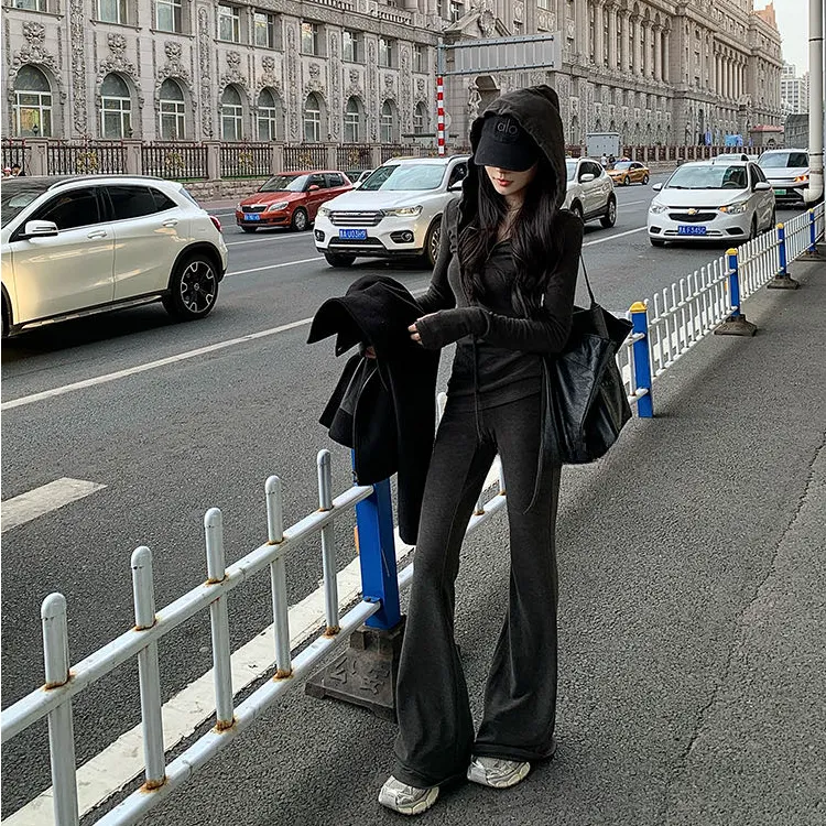 美式休闲长袖连帽上衣时尚套装女秋季2025新款微喇叭长裤子两件套