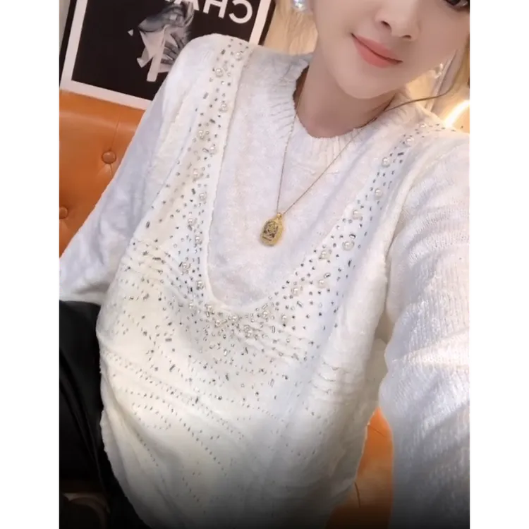 重工钉珠圆领长袖假两件针织衫女2025秋冬新款百搭休闲显瘦毛衣潮