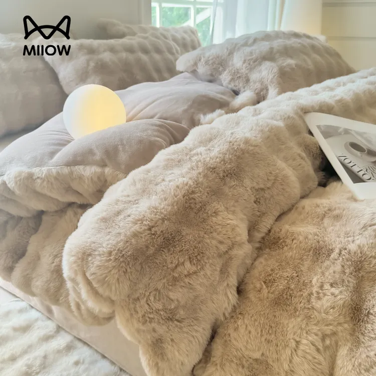 猫人冬季兔毛绒四件套加厚保暖珊瑚法兰牛奶绒加绒被罩床单三件套