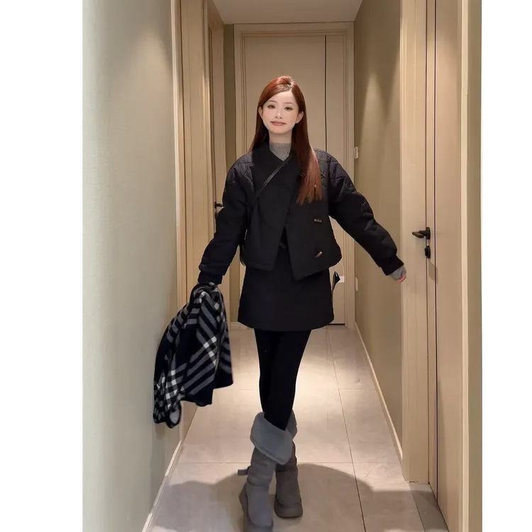 冬季加厚绗棉轻国风气质短外套+半裙小个子显瘦通勤两件套