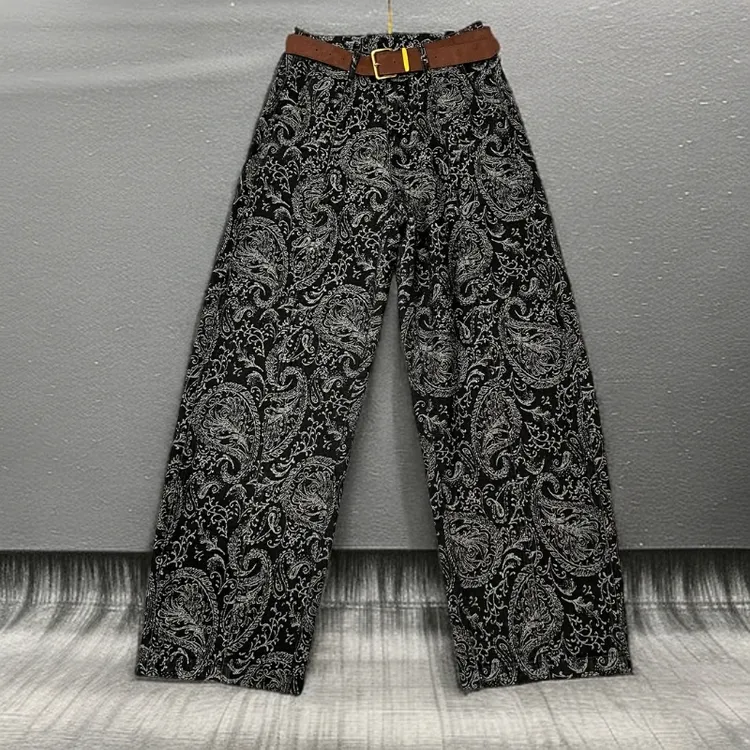 2025年流行网红女裤美式复古高腰显瘦提花纹牛仔裤百搭直筒裤长裤