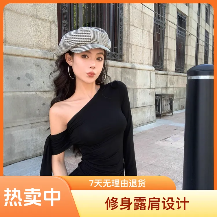 斜领实拍 2025秋辣妹风不规则斜肩飘带上衣小众设计感修身露肩打