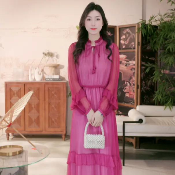 生活在左连衣裙桑蚕丝连衣裙2025夏季新款复古花边长裙女F1953130