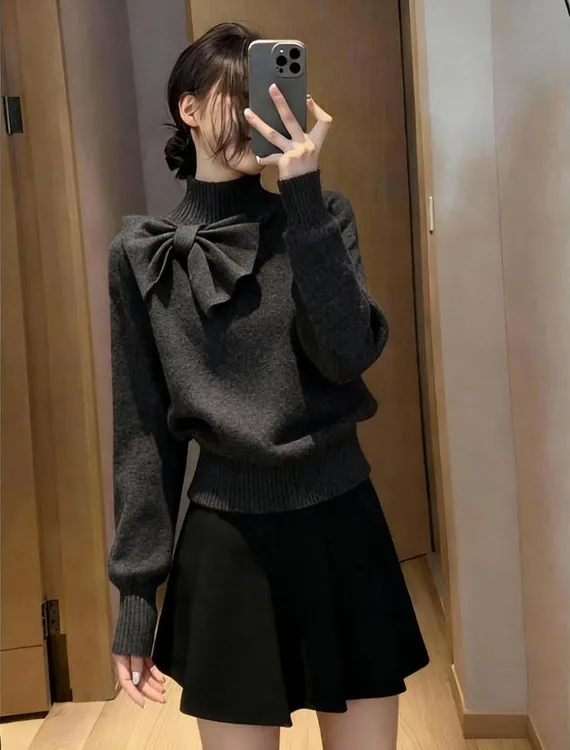 时尚慵懒风半高领针织衫女秋冬新款蝴蝶结巨好看显瘦软糯打底毛衣