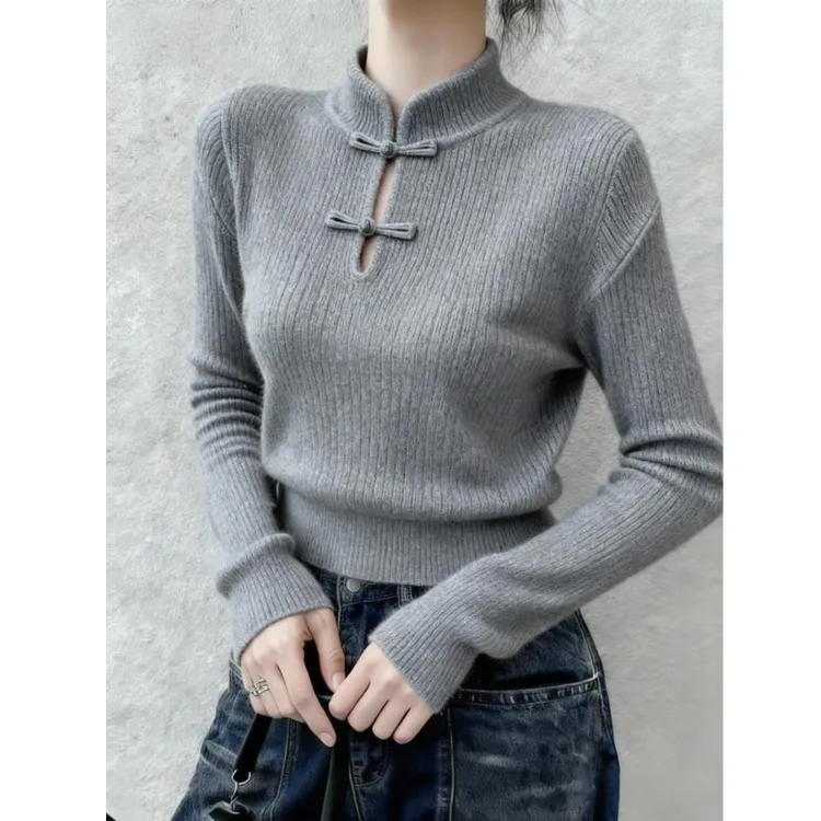 新中式减龄国风盘扣毛衣上衣女春秋季新款通勤风灰色半立领针织衫