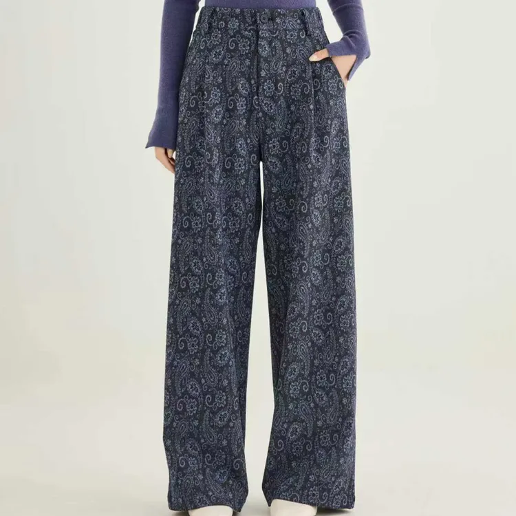 Y6002【色织腰果花裤】高腰山本裤直筒裤 薄款印花休闲裤黑色女装秋