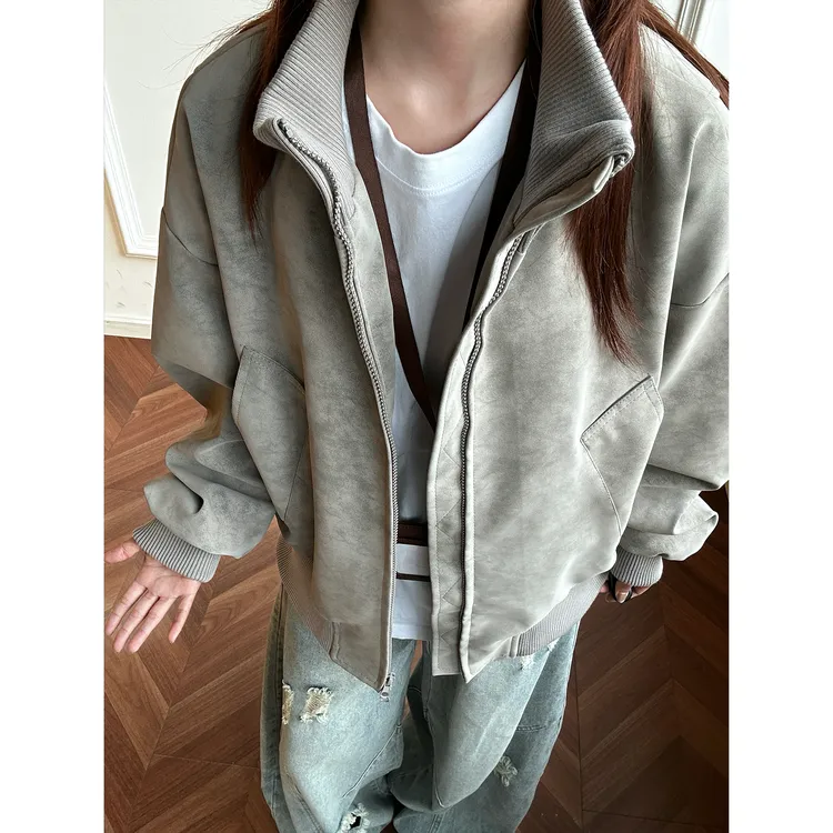 cleanfit美式复古扎染PU皮衣外套男秋冬短款棒球服高级感飞行夹克