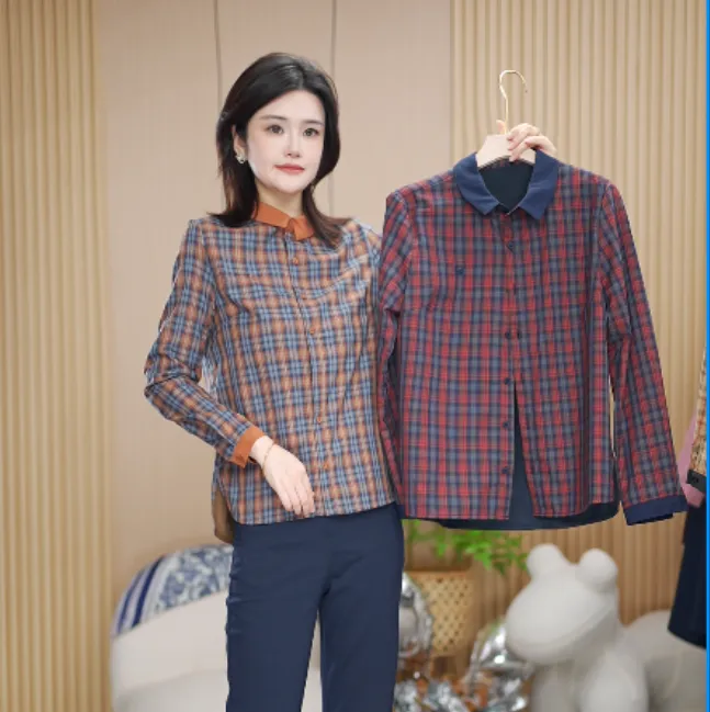 XJ2005秋冬款格子修身复古打底衬衫休闲时尚长袖百搭经典女