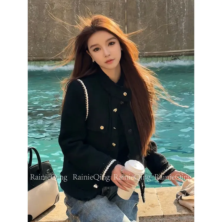 RainieQing【杜松子夜】经典配色设计感织带充绒立领羽绒服外套女