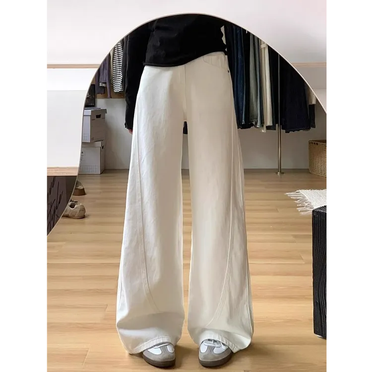 美式白色阔腿牛仔裤女夏季新款高腰宽松百搭显瘦弯刀直筒拖地裤潮