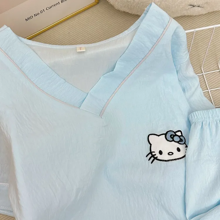 夏日纯色可爱V领短裤短袖少女睡衣家居服套装薄款夏季蓝色家居服