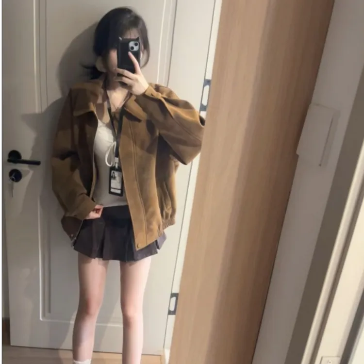 美拉德复古麂皮绒外套女秋季2025新款高级感小个子宽松休闲夹克潮