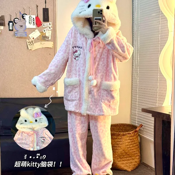 侘町冬季粉色豹纹kitty法兰绒睡衣女秋冬家居服加厚保暖可外穿