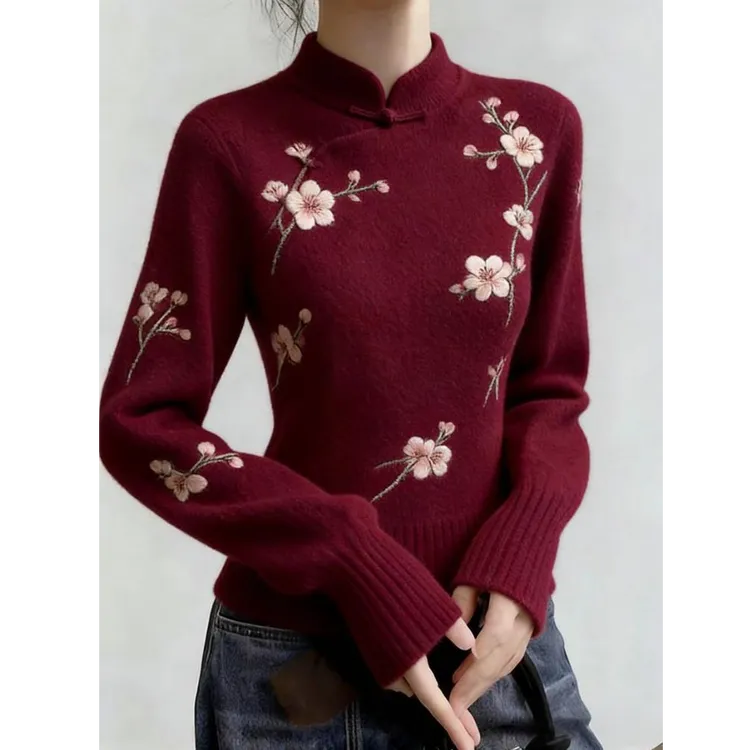 2025国风潮流新中式梅花刺绣盘扣立领毛衣女红色国风保暖针织衫女