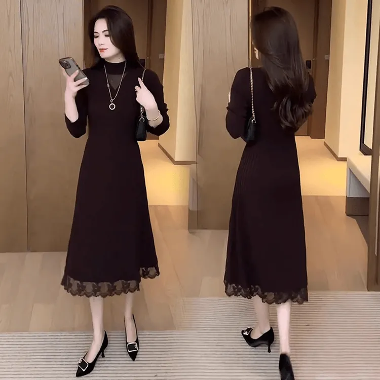 蕾丝拼接连衣裙女2025春秋季新款洋气收腰显瘦中长款针织打底裙子