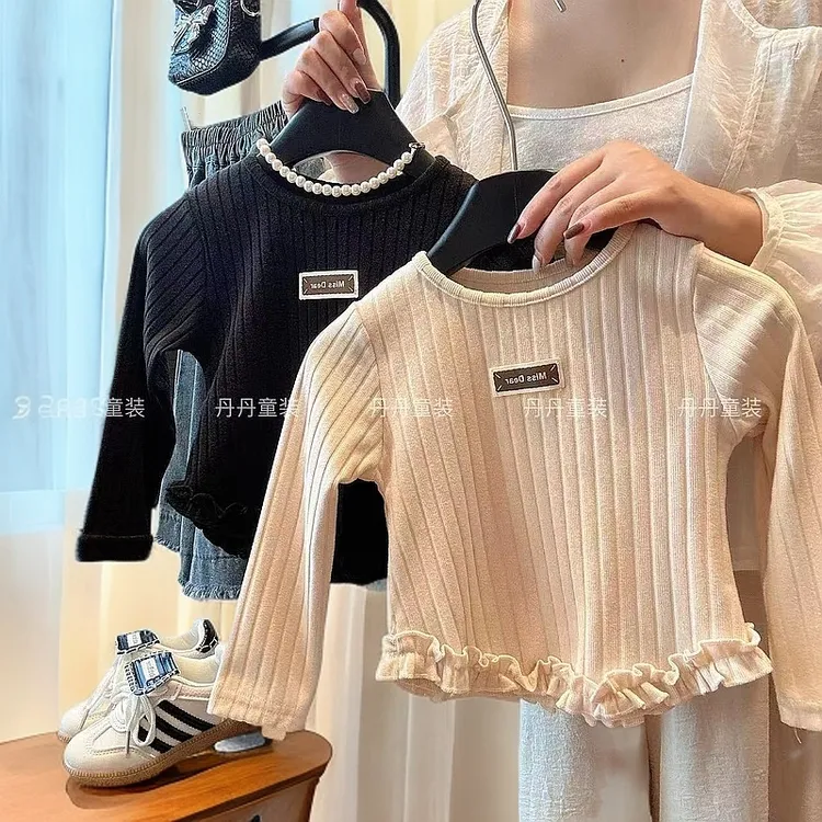 秋季新款洋气时尚韩系女童t恤长袖打底衫女宝套头花边百搭