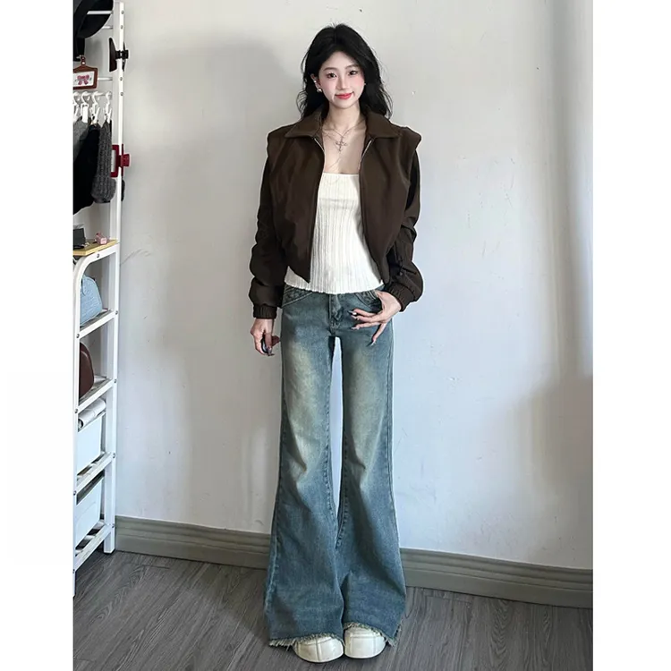 不贴腿高腰毛边微喇牛仔裤女春季新款弹力宽松显瘦垂感拖地马蹄裤