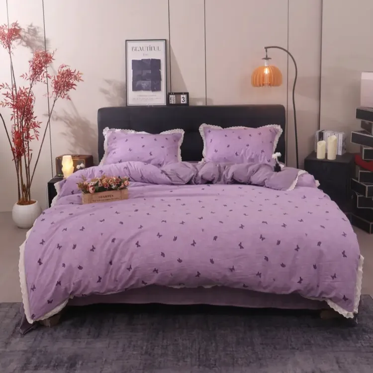 秋冬厚款有氧双层纱印花小清新学生少女风保暖碎花英伦四件套