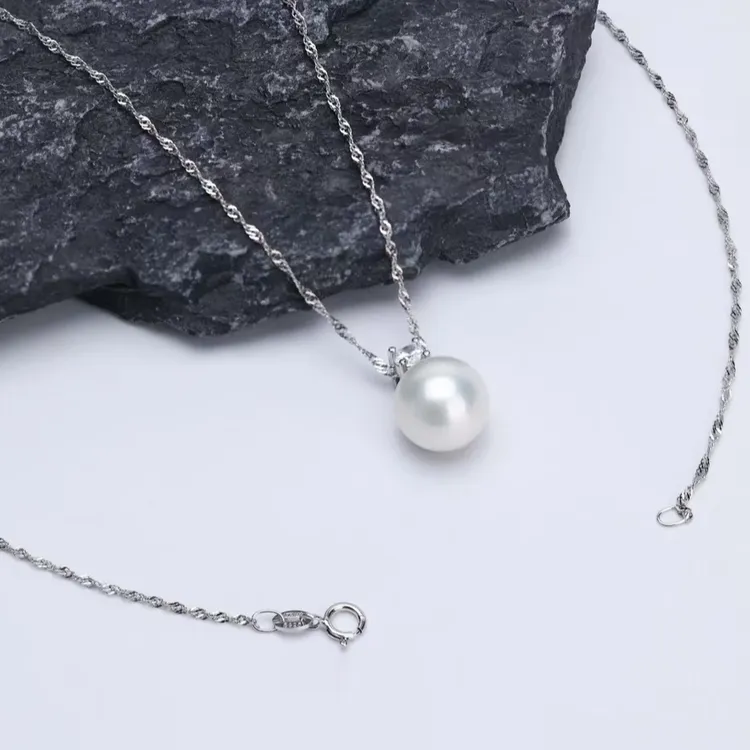 水波链天然淡水珍珠正圆9-10mm经典戴妃款王妃吊坠百搭轻奢通体银