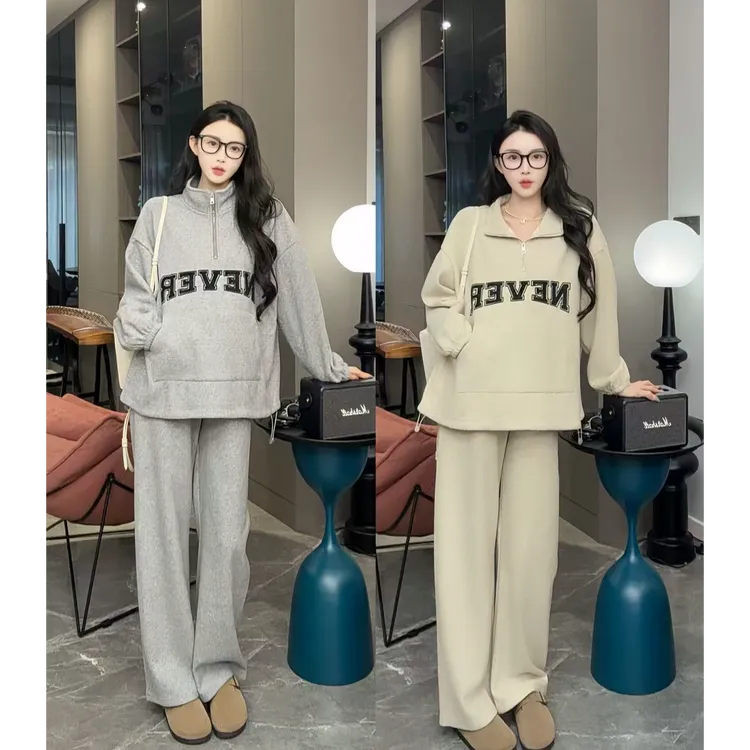 孕妇装女秋冬款加绒加厚休闲字母卫衣搭配阔腿裤潮流舒适套装冬装