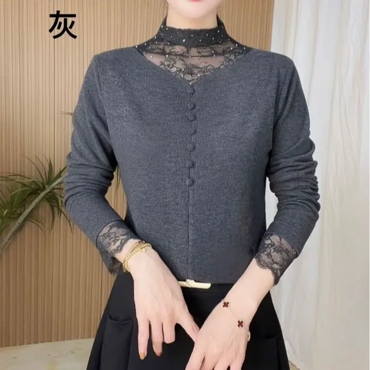 双面德绒女士显瘦洋气时尚百搭保暖长袖打底上衣 镂空蕾丝领款