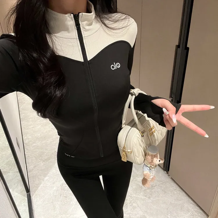 ALO ID美式拼色弹力瑜伽服女跑步运动长袖外套女立领防风夹克上衣