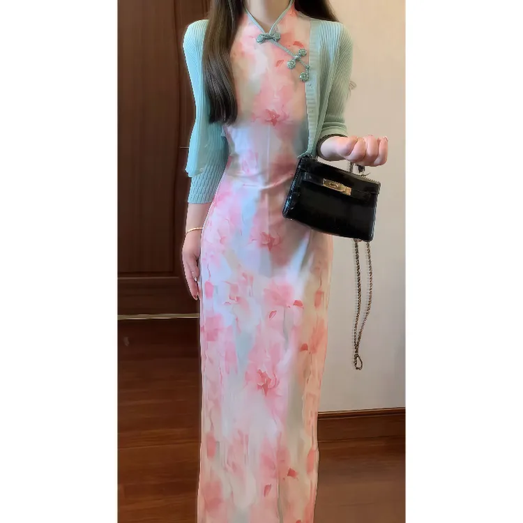 【花间令】秋季新中式国风绝美粉色晕染改良旗袍连衣裙气质长裙9751