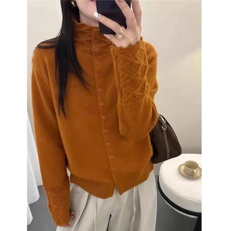 韩系减龄镂空花边高领针织开衫秋冬新款软糯舒适显瘦宽松百搭上衣