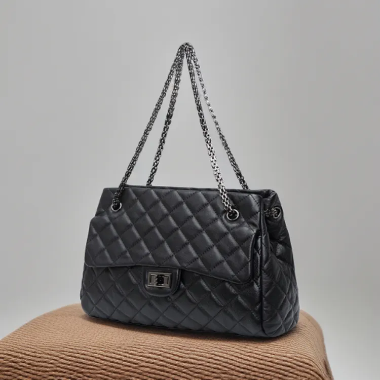 真皮新款菱格链条包小香风羊皮复古单肩包时尚韩版手提托特包女士