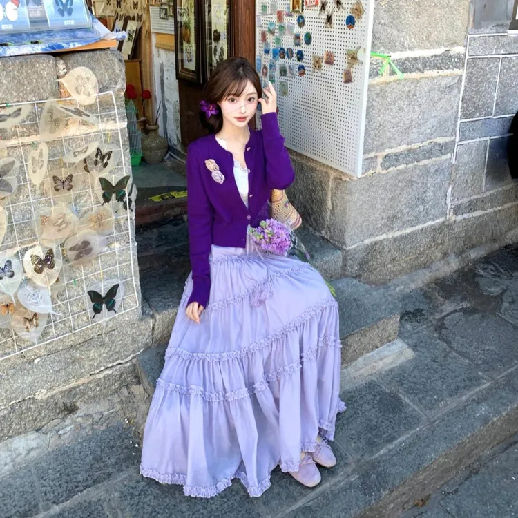 香榭格蕾~春日提花针织开衫+大裙摆流苏荷叶边蛋糕半身裙长裙套装