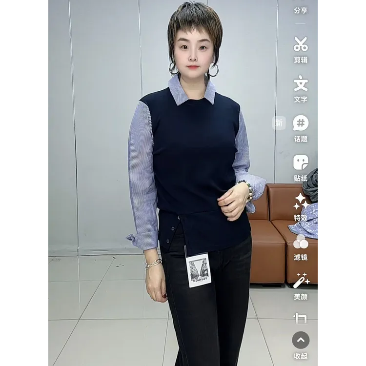 小施家气质设计拼色假两件显瘦特色衬衫5531