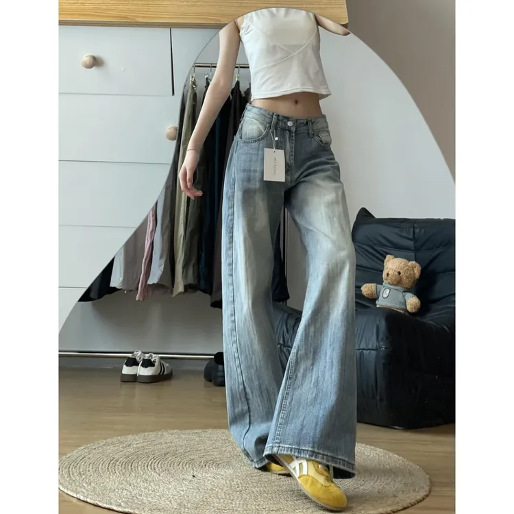 美式复古水洗弯刀阔腿牛仔裤女秋季高腰垂感宽松百搭显瘦拖地长裤