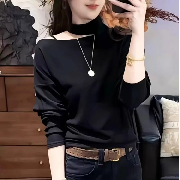 法式挂脖露肩长袖t恤内搭打底衫女秋冬2025新款时尚洋气百搭女装