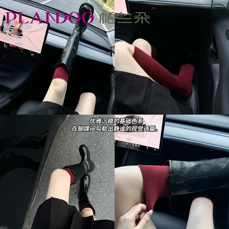 复古红色纯棉小腿堆堆袜子女春秋ins潮日系显瘦jk袜配长靴长筒袜