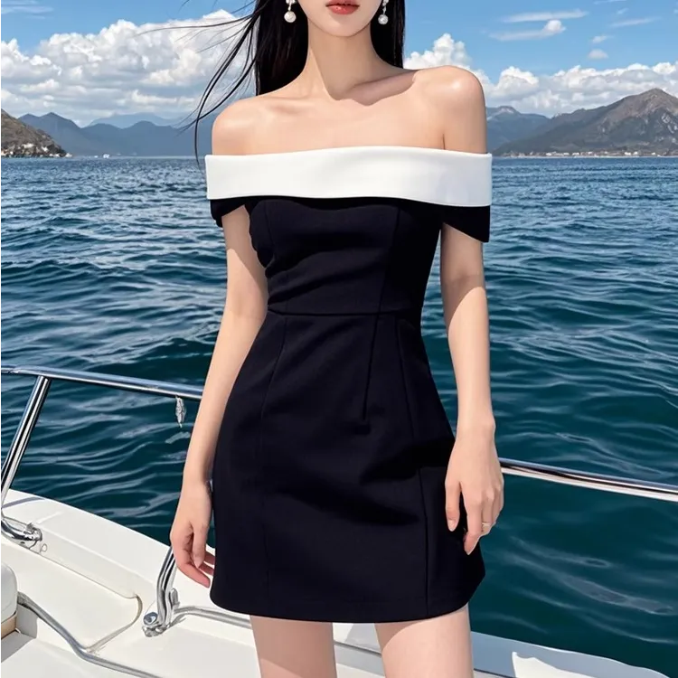 气质名媛风撞色一字肩短袖连衣裙高级感优雅女神范收腰显瘦包臀裙