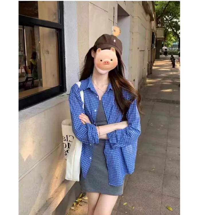 美式蓝色格子Polo领长袖衬衫女秋季2025新款宽松气质上衣百搭小众