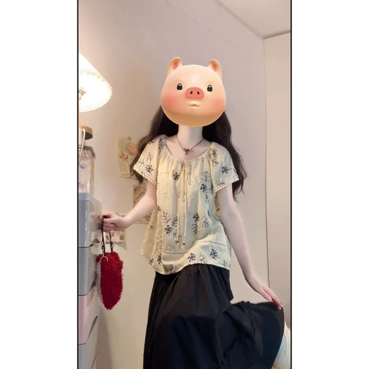 大码夏季新款法式复古刺绣提花甜美气质短袖衬衫半身裙洋气穿搭